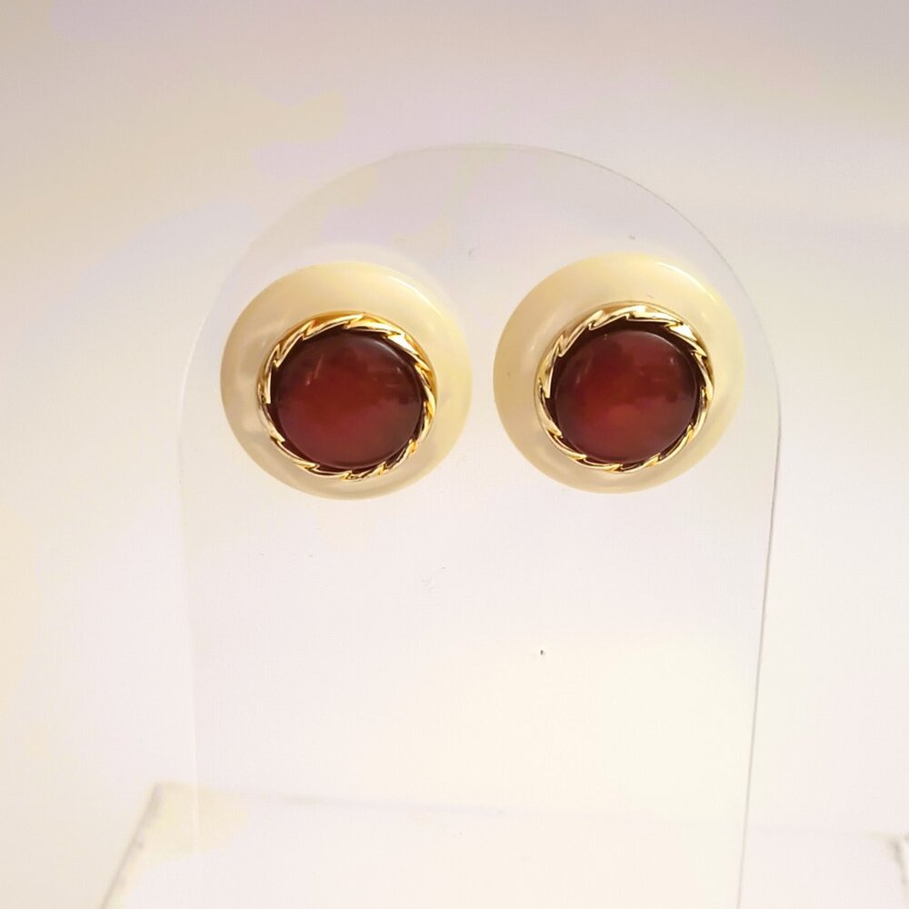 Vintage Button Post Earrings Round White & Gold with Rust Center Fall Studs